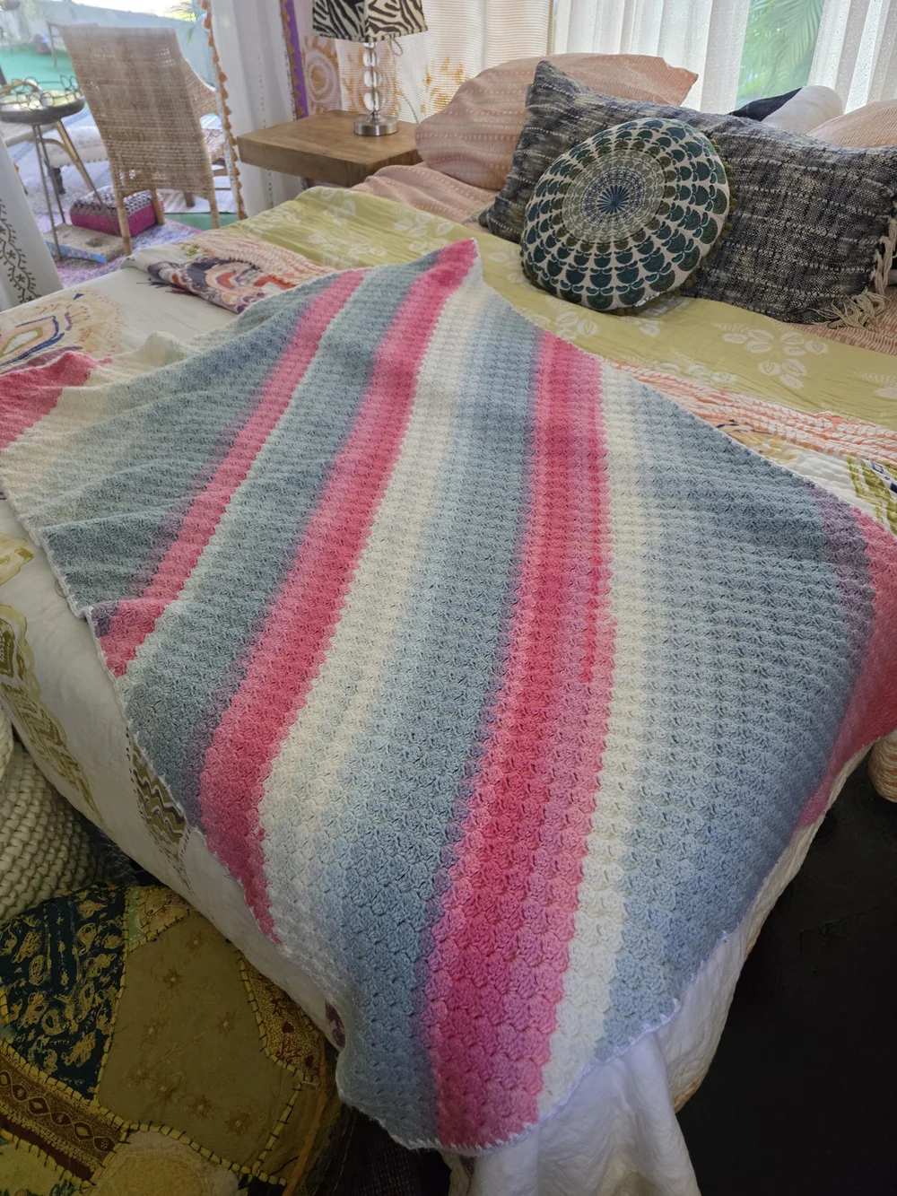 Handmade Striped Crochet Throw Blanket - Pink, Blue & White